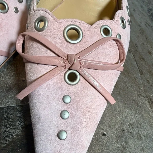 Tony Bianco Pink Suede Mule Heels Bow Grommet Pointed Toe Pumps - Picture 2 of 10